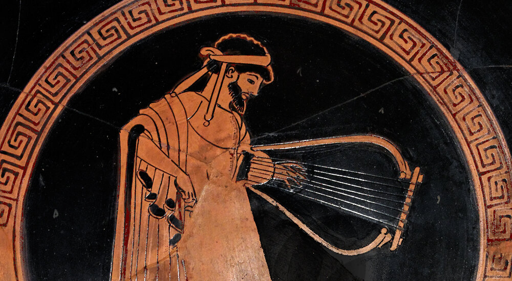 Αρχαία ελληνική αγγειογραφία που απεικονίζει μουσικό να παίζει λύρα, συμβολίζοντας την αρχή της μελέτης της αρμονίας.